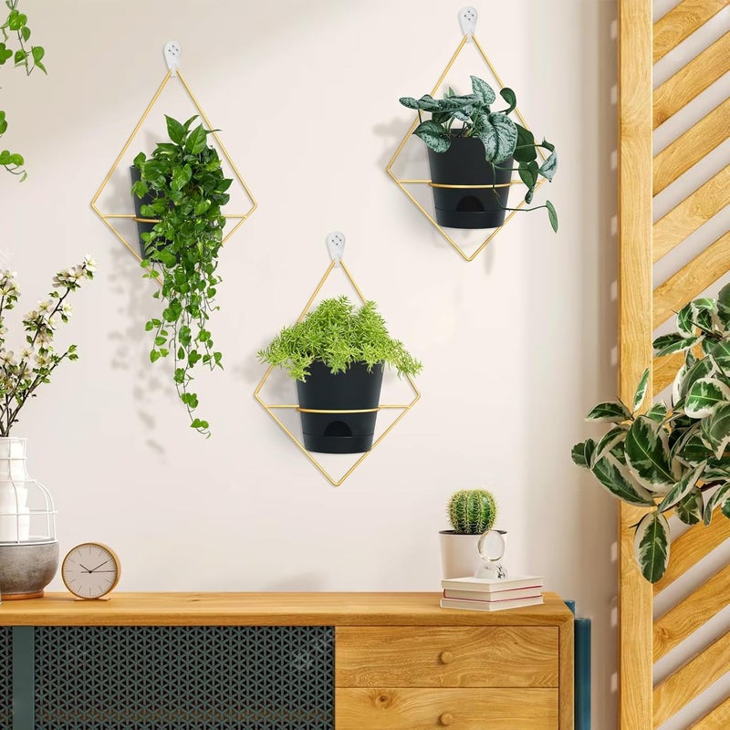 Koalaime 3 Sets Wall Planters for Indoor Plants Geometric Hanging Planters for Indoor Plants - Self-Watering Flower Pots with Black Metal Holder, Mounted Succulent Planter, 5" Black Plant Pot - Image 2